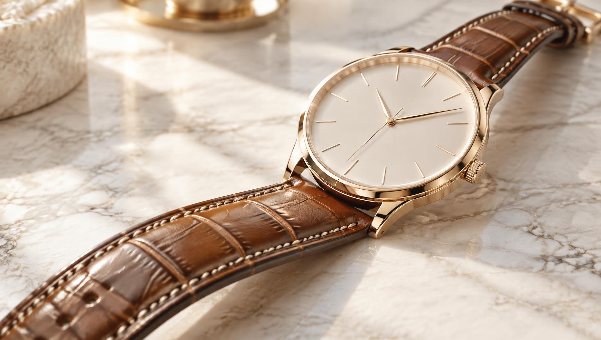 Cognac hand-stitched alligator leather watch strap beside a rose gold watch on pale marble